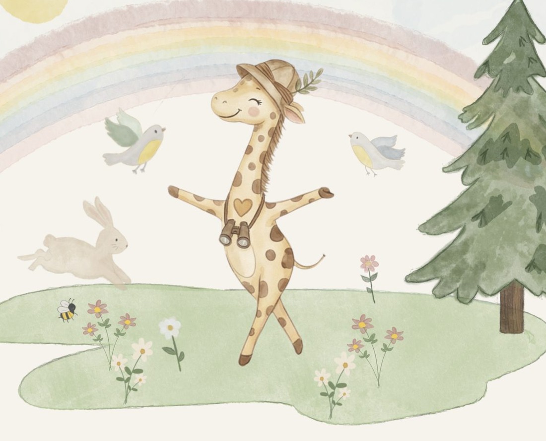 Gigi dancing under a rainbow with rabbits and birds